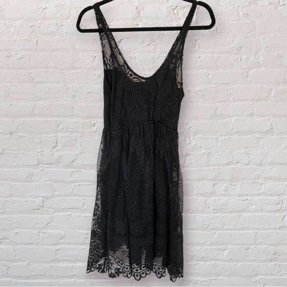 Free People Flowy Boho Black Lace Dress with Gold Flecks Size 2